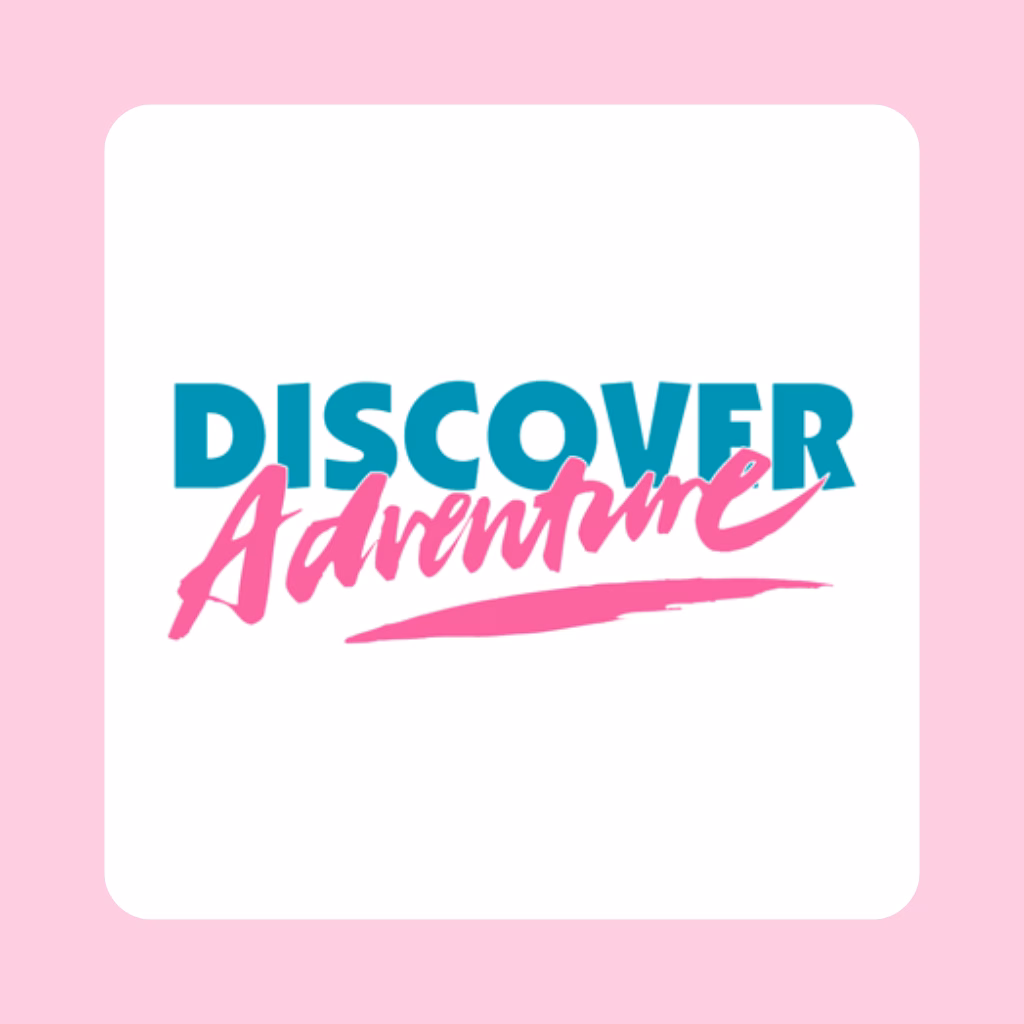 Discover Adventure logo on a pink background